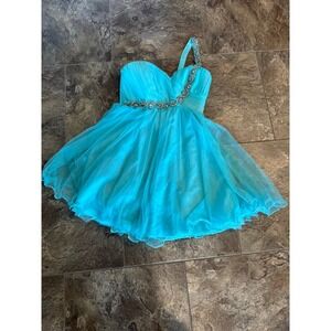 My Michelle Turquoise‎ Strapless One Shoulder Mini Hoco Dress Size 9